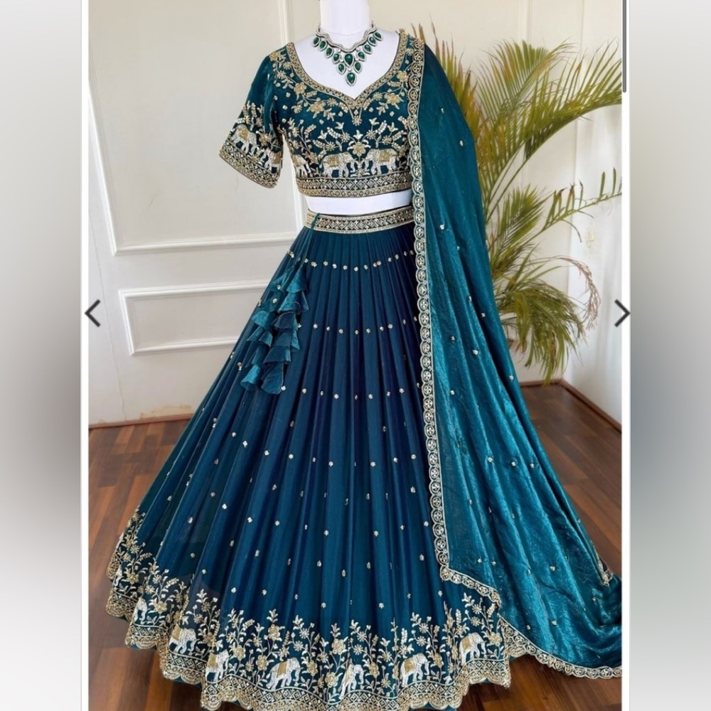 Teal and Gold Embroidered Lehenga Choli